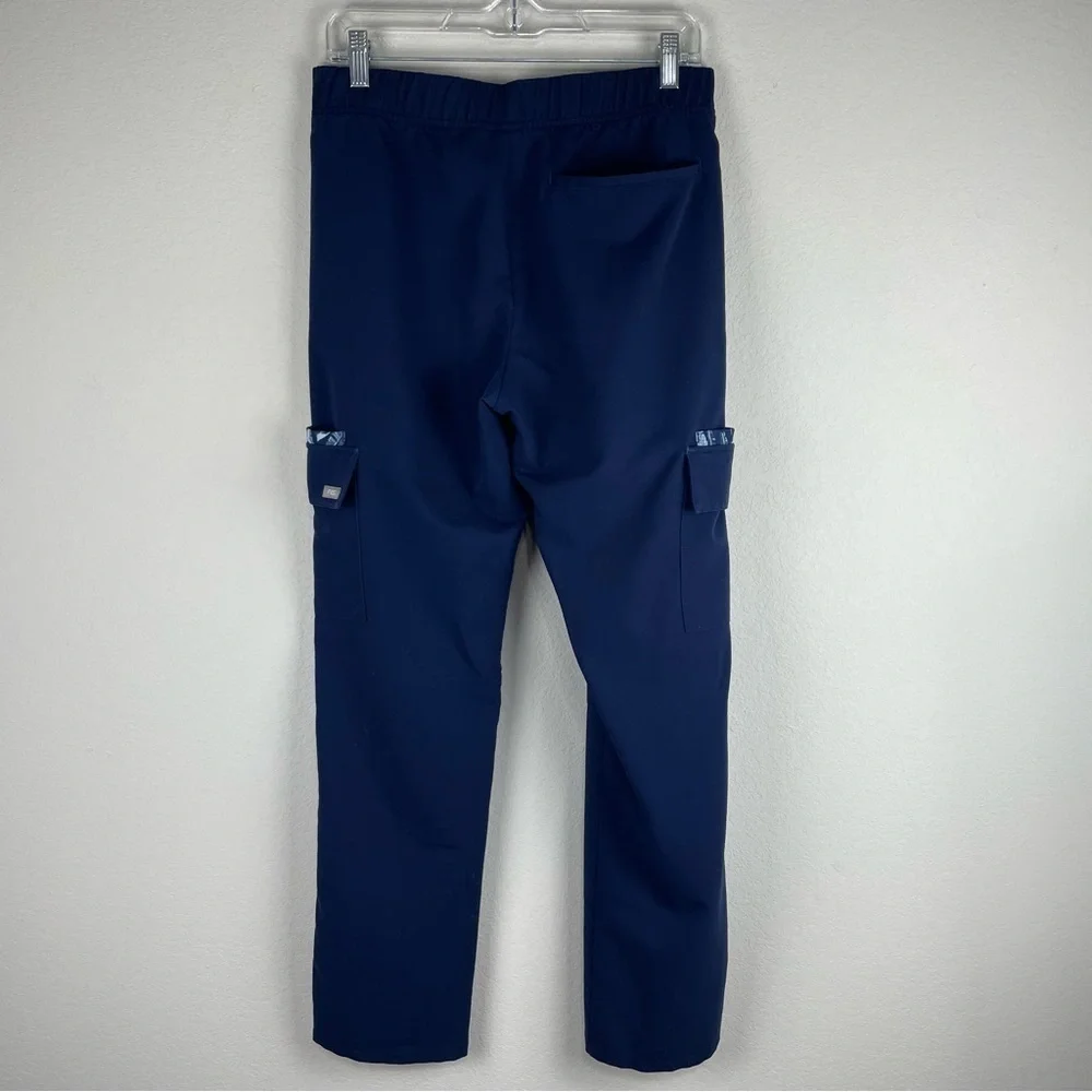 Figs Mens Navy Blue Contrast Print Feather Cargo Scrub Medical Nurse Pants Small